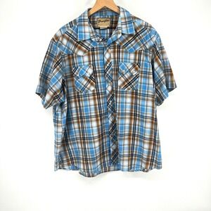 Wrangler Mens Western Snap Shirt Plaid Blue Brown Short Sleeve 2XL
